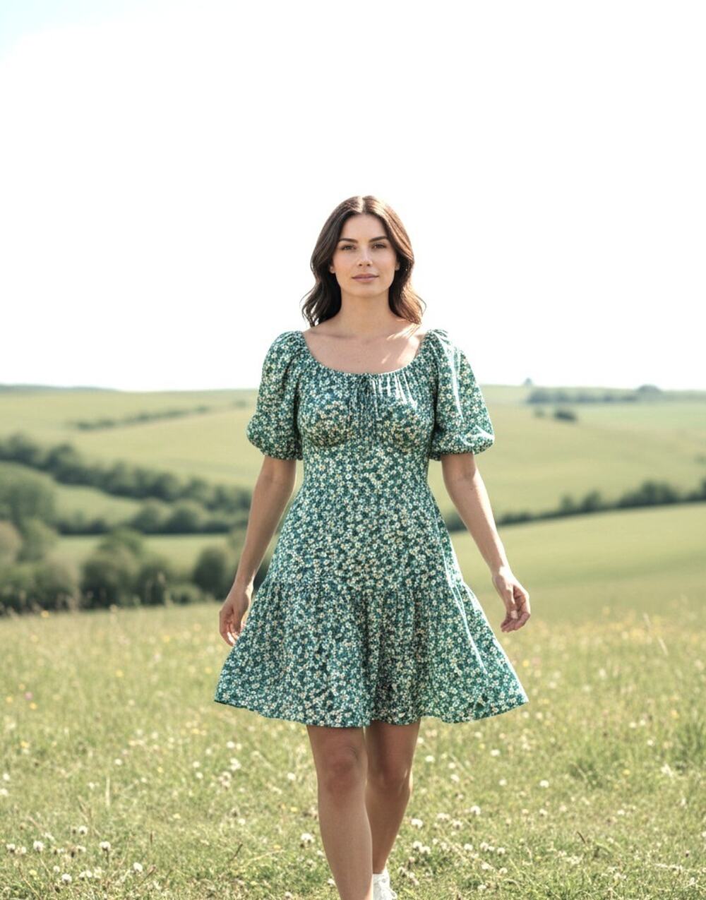 Shein Curve Dress Womens 1XL Green Floral Daisy Smocked Boho Hippie Festival